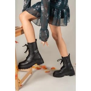 Siyah Suni Deri Kadın Kışlık Bot – Fermuarlı, Bağcıklı, Ortopedik Tabanlı, Koku ve Terleme Önleyici