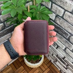 Hakiki Deri Unisex Bordo Fermuarlı Mini Cüzdan (T259)