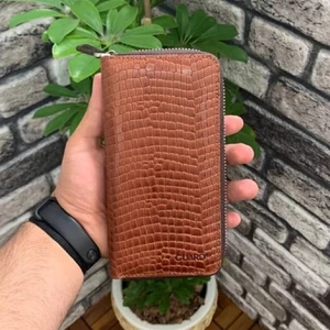 Hakiki Deri Unisex Taba Texas Baskı Fermuarlı Portföy Cüzdan (T374)