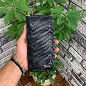 Hakiki Deri Unisex Siyah Hasır Baskı Fermuarlı Portföy Cüzdan (T1524)