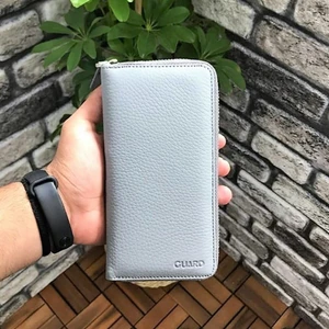 Hakiki Deri Unisex Gri Fermuarlı Portföy Cüzdan (T920)
