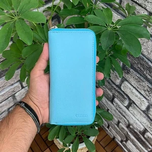 Hakiki Deri Unisex Turkuaz Fermuarlı Portföy Cüzdan (T1526)