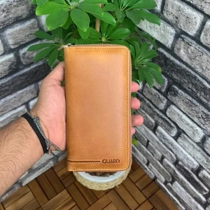 Hakiki Deri Unisex Antik Sarı Fermuarlı Portföy Cüzdan (T465)
