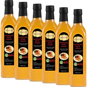 Hanzade Bitkisel Zerdeçallı Elma Sirkesi 500 ml x 6 Adet Doğal Fermantasyon İçilebilir Katkısız Cam Şişe