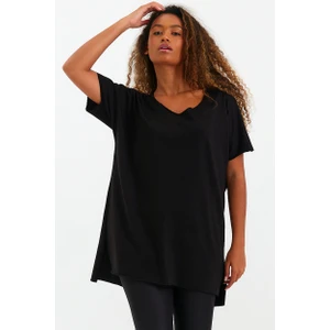 Amazing Crash Kadın V Yaka Yırtmaçlı Oversize Siyah Basic Tişört