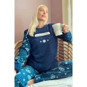 Pijama Evi Petrol Yeşili Dont Panic Desenli Kadın Peluş Pijama Takımı
