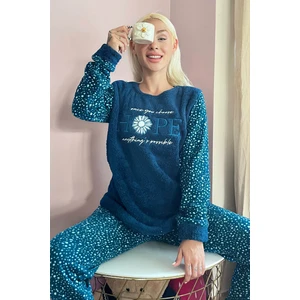 Pijama Evi Lacivert Hope Desenli Kadın Peluş Pijama Takımı