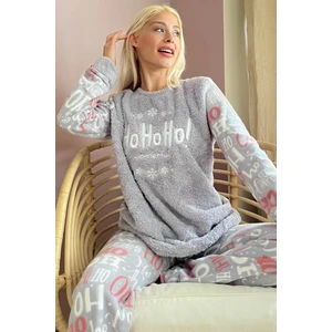 Pijama Evi Gri Hoho Desenli Kadın Peluş Pijama Takımı