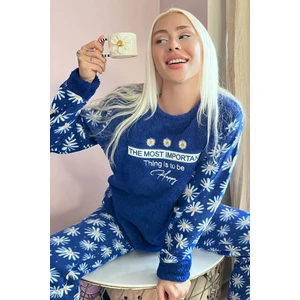 Pijama Evi Lacivert Most Thing Desenli Kadın Peluş Pijama Takımı