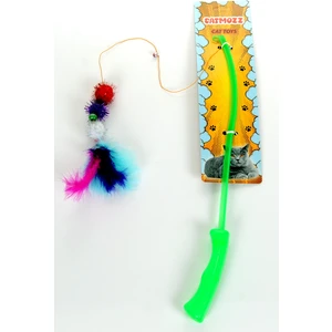 Özel Tüylü Zilli Funny Plastik Saplı Kedi Oyuncağı Oltası 50 cm