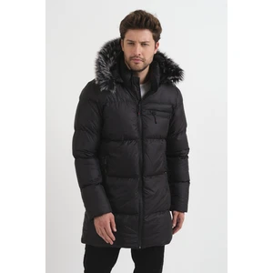 NorthFashion Erkek Kürk Kapüşonlu Uzun Model Siyah Şişme Mont & Kaban & Parka