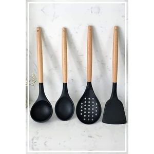 Silikon Bambu Saplı 4 Parça Mutfak Servis Seti (Kepçe-Kaşık-Kevgir-Spatula)
