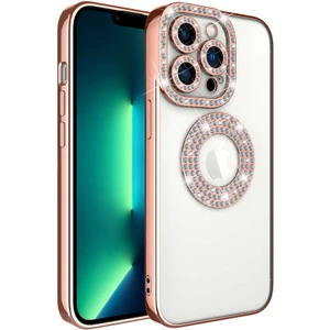 Iphone 13 Pro Kılıf Kamera Korumalı Taşlı Parlak Logo Açık Seffaf Kadın Kapak