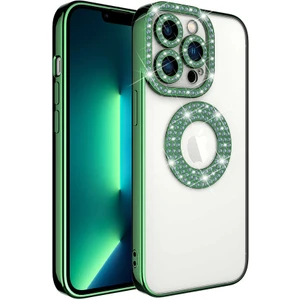 Iphone 13 Pro Kılıf Kamera Korumalı Taşlı Parlak Logo Açık Seffaf Kadın Kapak