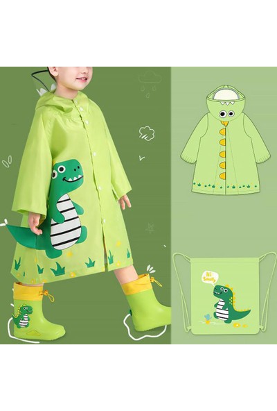 Goodtool Çocuk Karikatür Dinozor Çantalı Kapşonlu Yağmurluk Seti - Yeşil (Yurt Dışından)