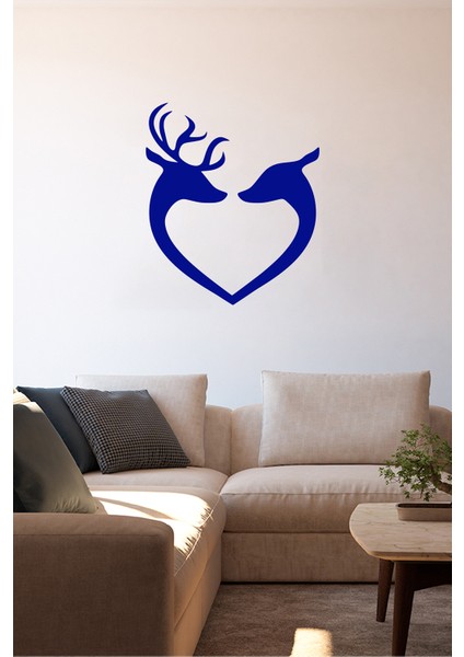 Kalp Şeklinde Duran Birbirine Aşık Geyikler 50 x 60 cm Duvar Sticker - Lacivert