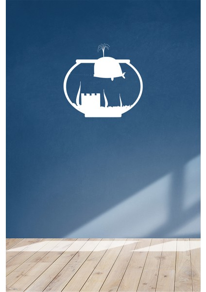 Akvaryumun Içinde Kendi Kalesini Kurmuş Balık 60 x 50 cm Duvar Sticker - Beyaz