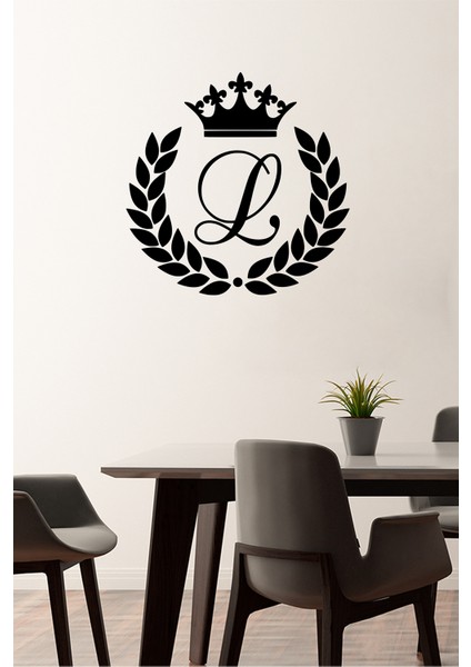 Yapraklardan Oluşmuş Taç L Harfi ve Kral Tacı 60 x 60 cm Duvar Sticker - Siyah
