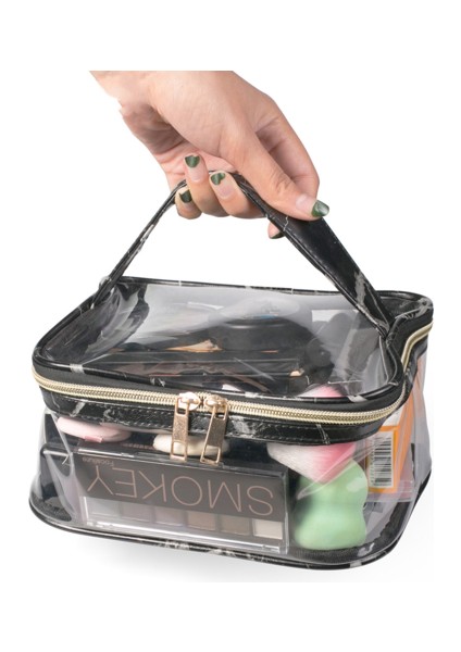 Pu Kozmetik Çantası, Pvc Şeffaf Mermer Desen Su Geçirmez Taşınabilir Çok Fonksiyonlu Büyük Kapasiteli Kozmetik Çantaya (Yurt Dışından) modelleri