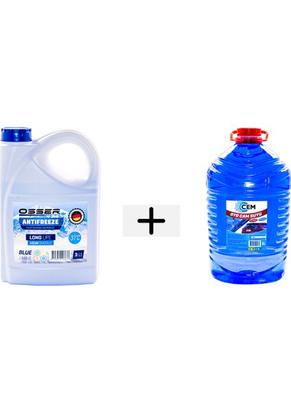 CEM CAR CARE Kışlık Set (Cam Suyu 5 Lt Antifrizli -20 Derece +Mavi Antifriz 3 Lt -37 Derece)