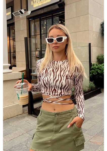 Kadın Uzun Kollu Bel Ip Dolama Detay Uzun Kollu Esnek Kumaş Crop Top Bluz