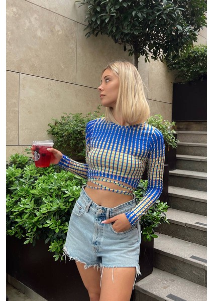 Kadın Uzun Kollu Bel Ip Dolama Detay Uzun Kollu Esnek Kumaş Crop Top Bluz