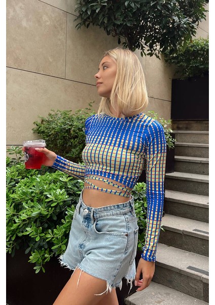 Kadın Uzun Kollu Bel Ip Dolama Detay Uzun Kollu Esnek Kumaş Crop Top Bluz