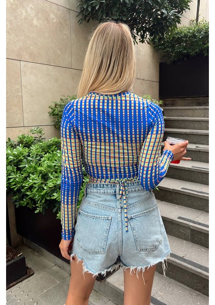 Kadın Uzun Kollu Bel Ip Dolama Detay Uzun Kollu Esnek Kumaş Crop Top Bluz