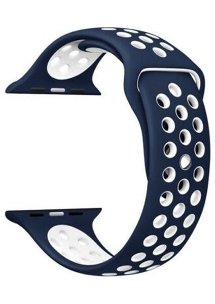 Apple Watch Series (Tüm Seriler) 42-44-45 mm Uyumlu Delikli Silikon Kordon Lacivert Beyaz (L)