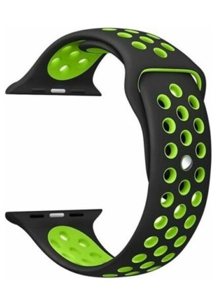 Apple Watch Series (Tüm Seriler) 42-44-45 mm Uyumlu Delikli Silikon Kordon Siyah Yeşil (L)
