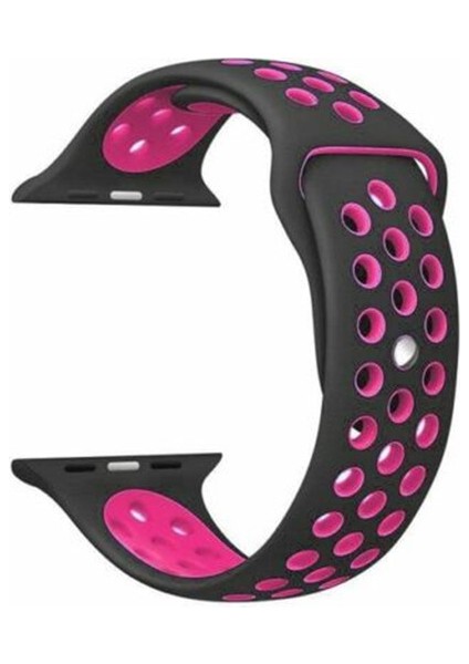 Apple Watch Series (Tüm Seriler) 38-40-41 mm Uyumlu Delikli Silikon Kordon Siyah Pembe (S)
