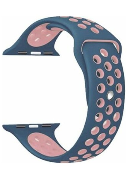 Apple Watch Series (Tüm Seriler) 38-40-41 mm Uyumlu Delikli Silikon Kordon Mavi Pembe (S)