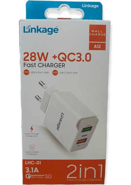 Cmk Linkage 28W + Qualcom 3.0 Çift USB Çıkışlı Hızlı Şarj Adaptörü