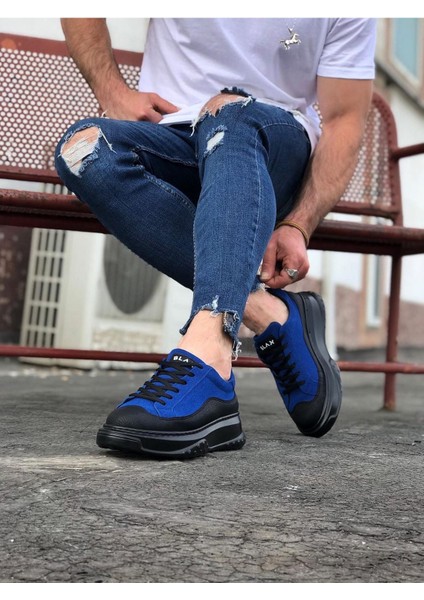 Siyah Taban Erkek Ayakkabı Mavi Topuk Boyu 3 cm 005521