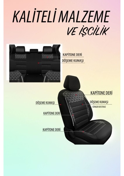 Nice Shop Crystal Serisi Serisi Binek Araçlara Uyumlu Deri Detaylı Üniversal Oto Koltuk Kılıfı 5li Takım Set