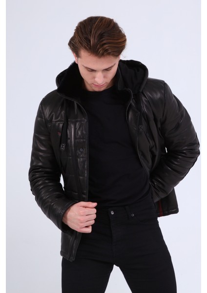 Erkek Deri Kapüşonlu Kaban