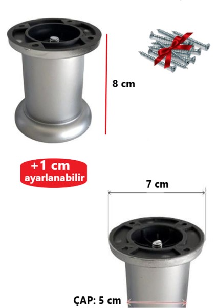 8 cm Gri Ayarlanabilir Jumbo Ayak Tv Ünitesi, Koltuk, Dolap Ayağı, Mobilya Yükseltici