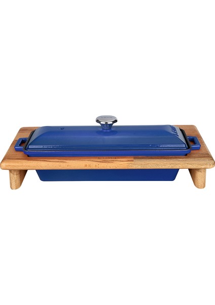 Döküm Ekmek Kabı / Terrine ve Ahşap Standı. Ölçü 11X29CM. - Mavi