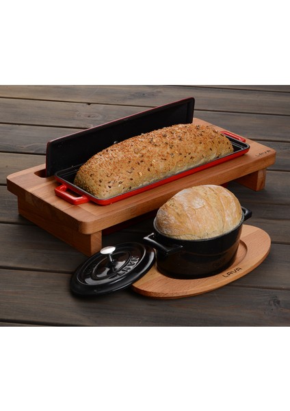 Döküm Ekmek Kabı / Terrine ve Ahşap Standı. Ölçü 11X29CM. - Mavi indirimleri