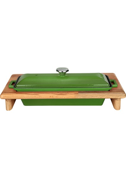 Döküm Ekmek Kabı / Terrine ve Ahşap Standı. Ölçü 11X29CM. - Yeşil