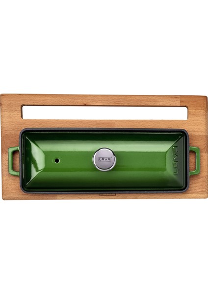 Döküm Ekmek Kabı / Terrine ve Ahşap Standı. Ölçü 11X29CM. - Yeşil fiyatları