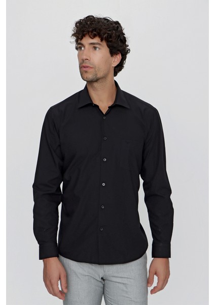 Erkek Siyah Basic Cepli Regular Fit Rahat Kesim Gömlek