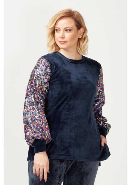 3232 Lacivert Kadife Kolu Disko Payetli Büyük Beden Bluz