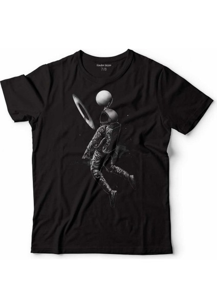 Astronot Saturn Halkaları Basket Planet Cosmos Çocuk Tişört Siyah