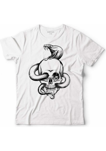 Snake And Skull Kuru Kafa Kobra Yılan Skeleton Çocuk Tişört Beyaz