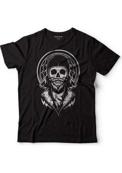 Creepy Skull Wearıng Helmet Kuru Kafa Cafe Racer Çocuk Tişört Siyah