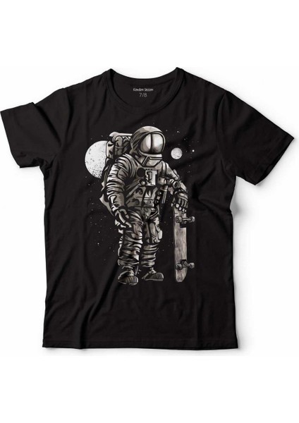 Uzayda Kaykay Astronot Ay Nasa Uzay Cosmos Çocuk Tişört Siyah