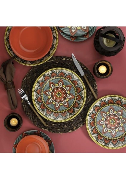 Kütahya Nano Ceram 24 Parça Desenli Yemek Takımı 6 Kişilik Kırmızı Porselen