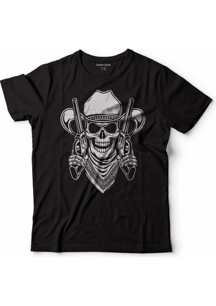 Cowboy Skull Hold Guns Outlaw Kovboy Kuru Kafa Çocuk Tişört Siyah