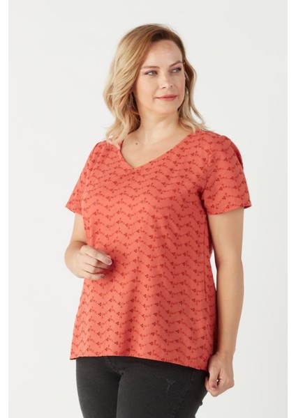 3204 Fistolu Kısa Kollu Bluz büyük Beden Şık Tarçın